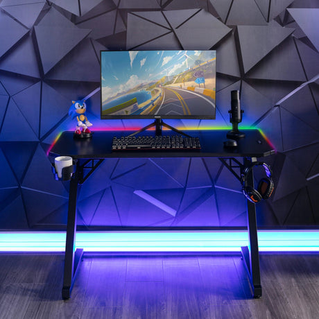 JWX Gaming Desk with Removable Speaker Stand, 72'' Large Studio Wing-Shaped  Gaming Desk with Headphone Stand, Cup Holder for Live Streamer, Social