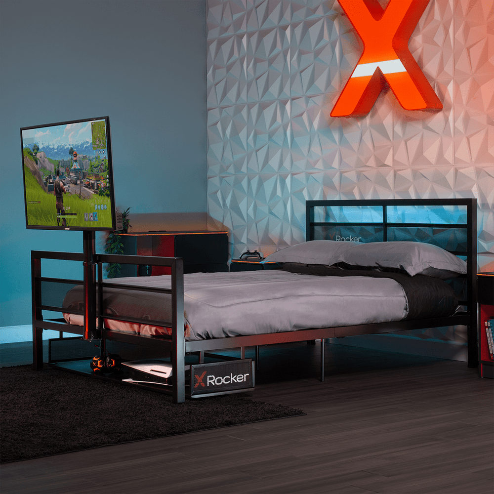Basecamp LED Gaming Bed with XL TV Mount, Black, Full